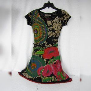 DESIGUAL Cotton S/S Dress Black Floral Belt Small